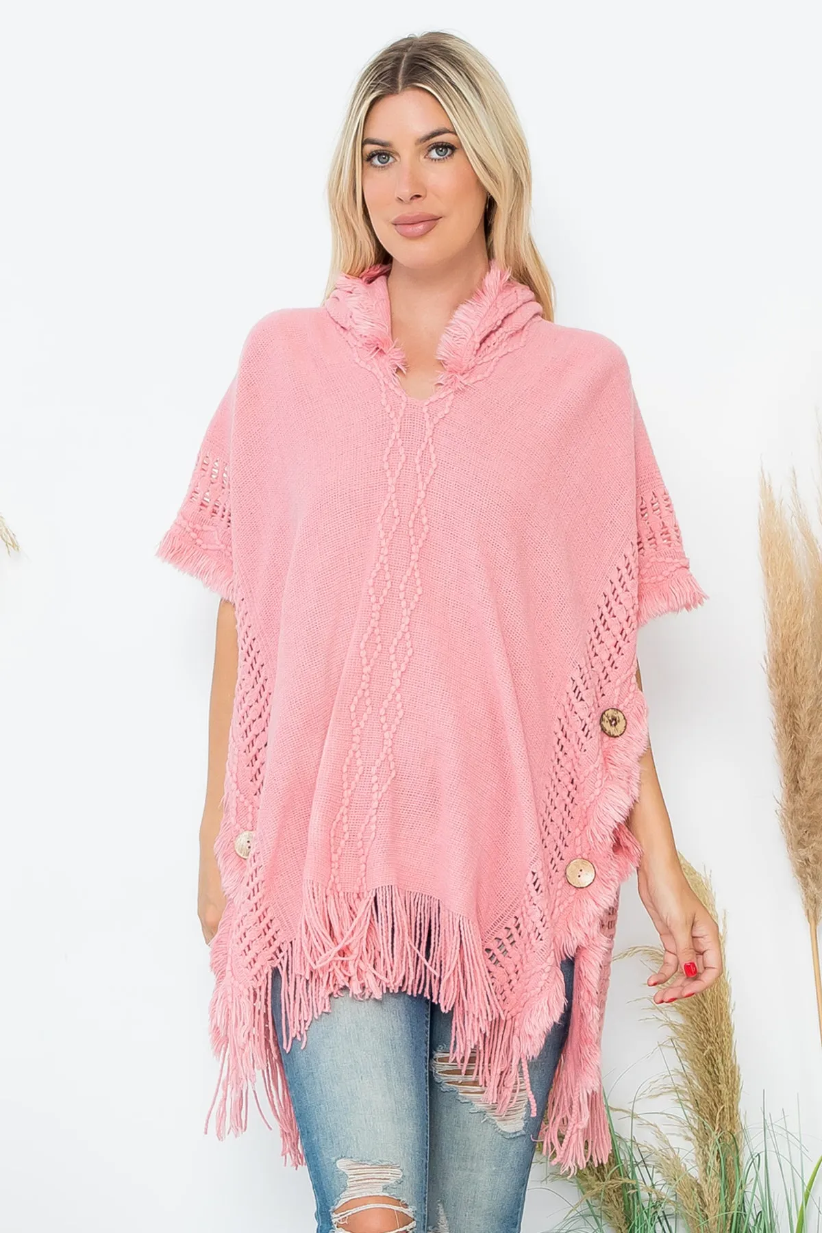 DIAMOND PATTERN KNITTED FRINGE WARMER PONCHO