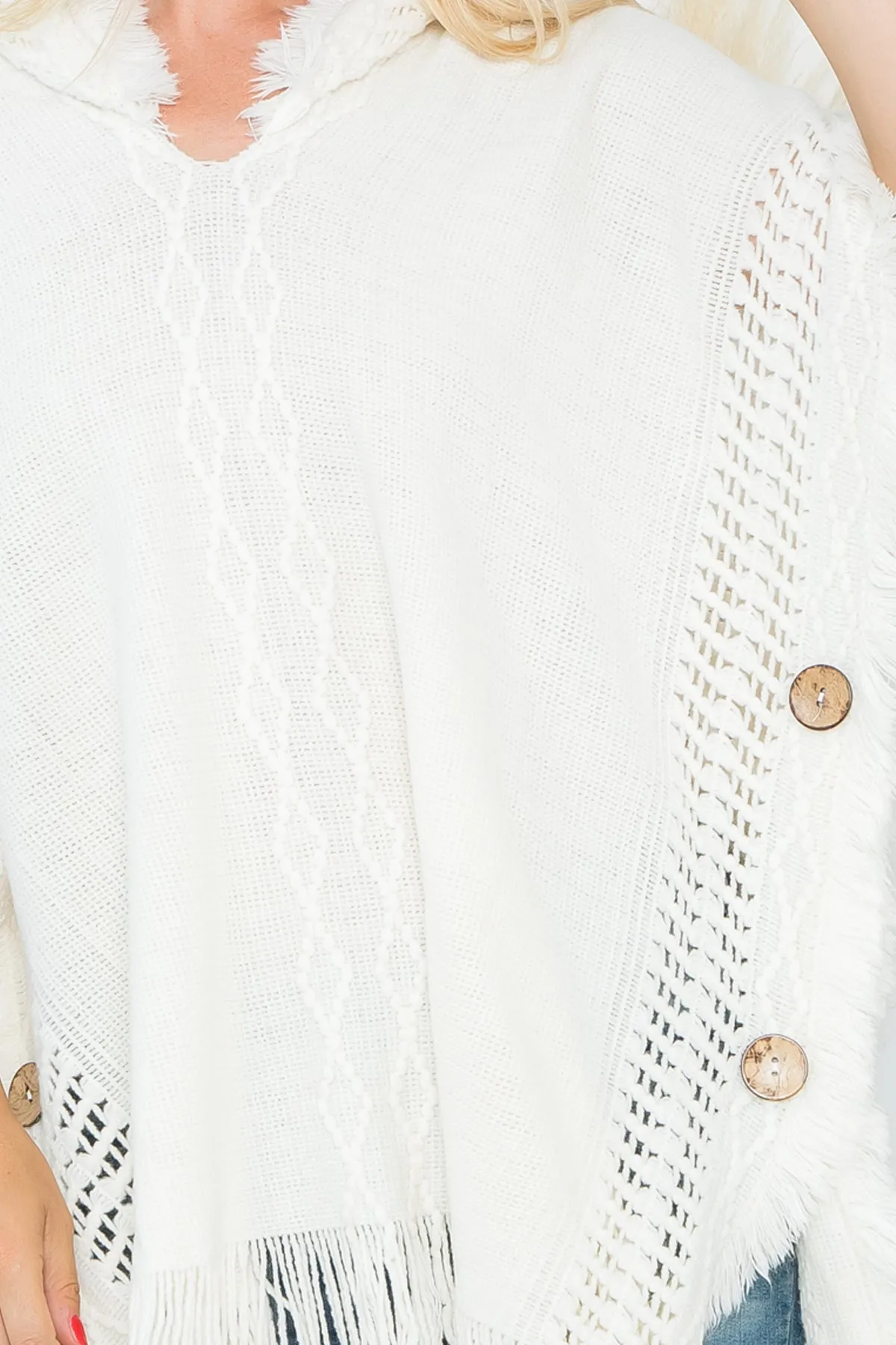 DIAMOND PATTERN KNITTED FRINGE WARMER PONCHO