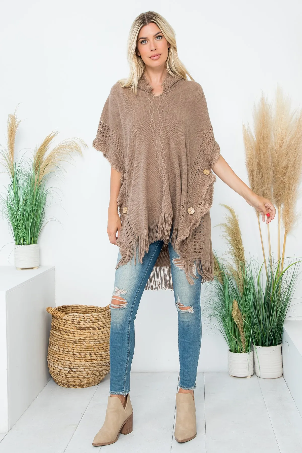 DIAMOND PATTERN KNITTED FRINGE WARMER PONCHO