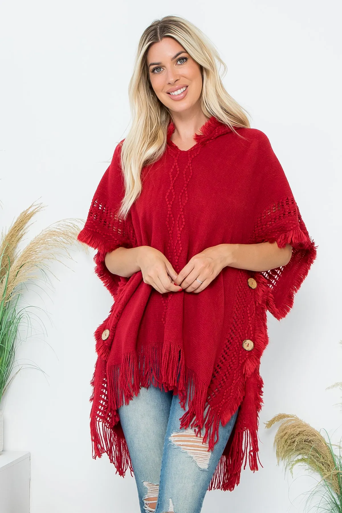 DIAMOND PATTERN KNITTED FRINGE WARMER PONCHO