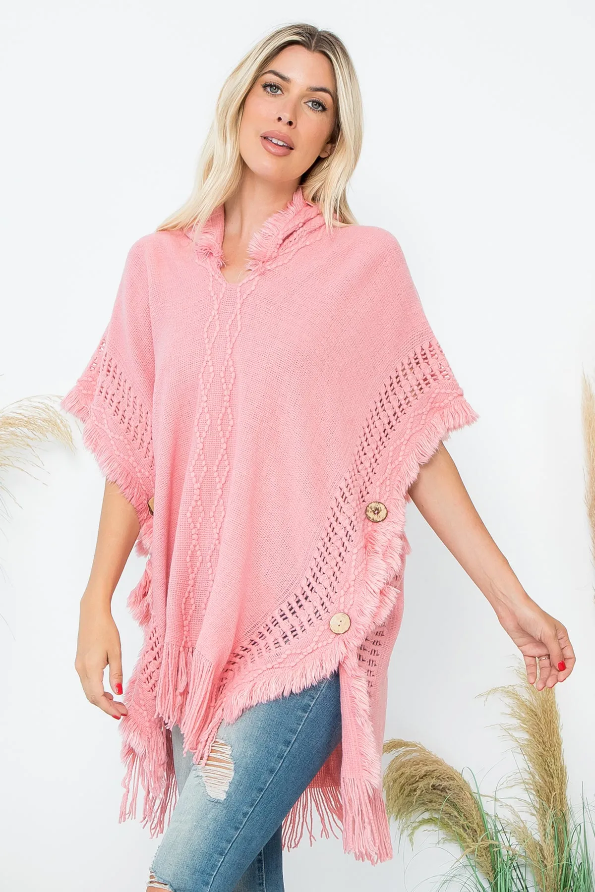 DIAMOND PATTERN KNITTED FRINGE WARMER PONCHO