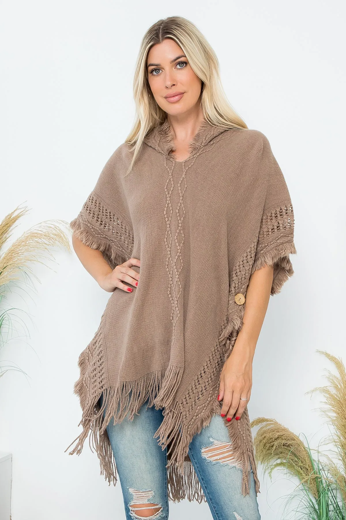 DIAMOND PATTERN KNITTED FRINGE WARMER PONCHO