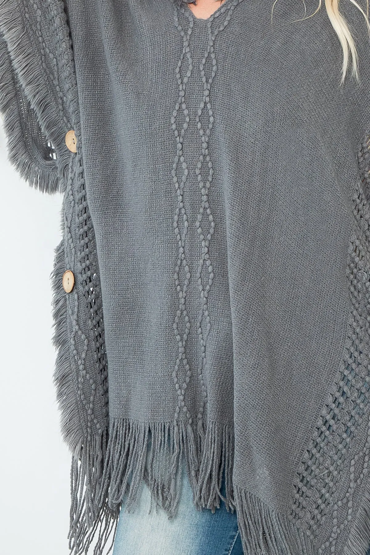 DIAMOND PATTERN KNITTED FRINGE WARMER PONCHO