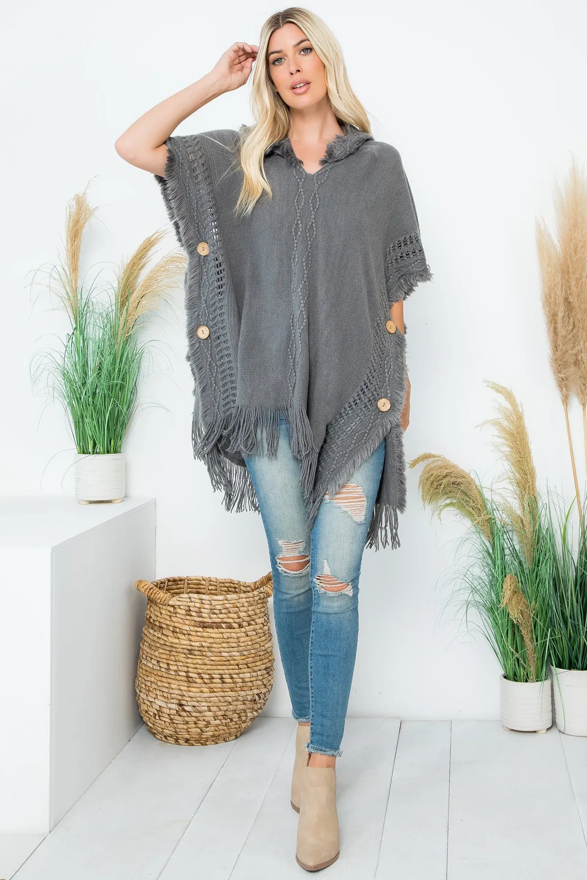 DIAMOND PATTERN KNITTED FRINGE WARMER PONCHO