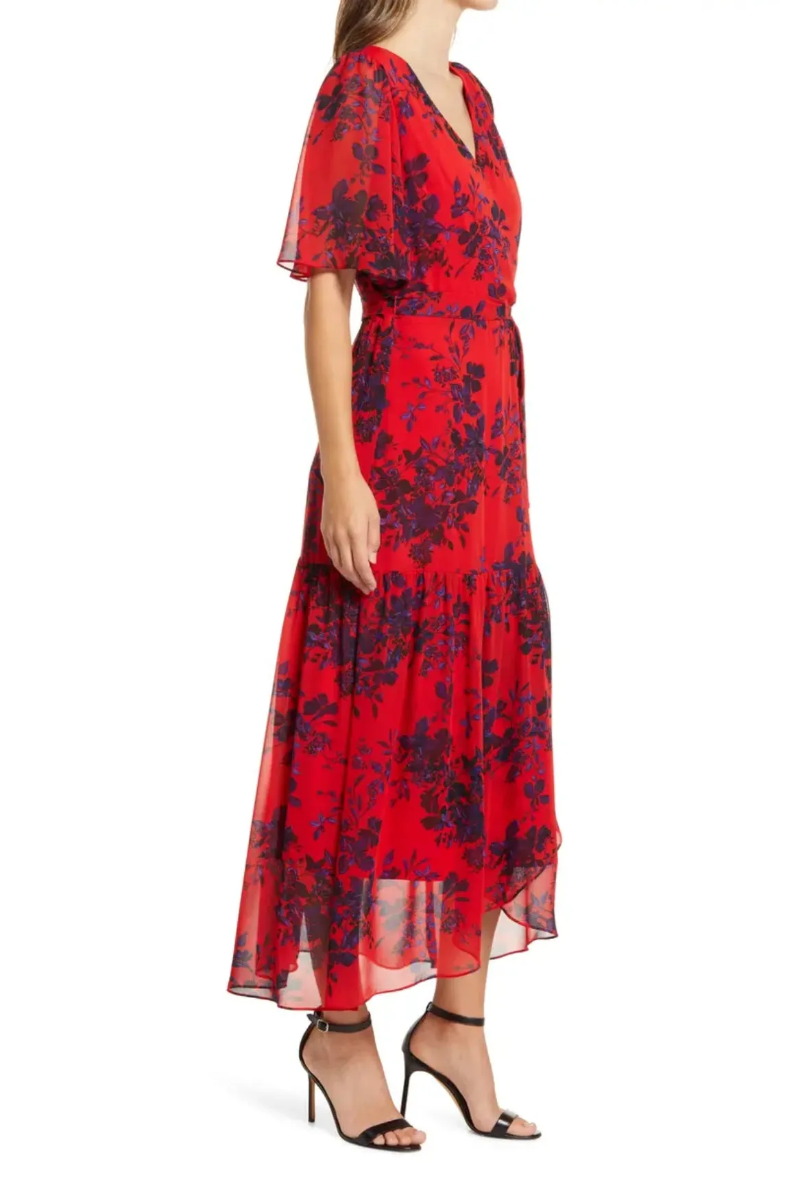 Donna Rico Floral Faux Wrap Flutter Sleeve Dress