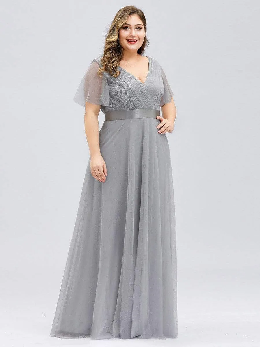 Double V-Neck Floor-Length Short Sleeve Tulle Bridesmaid Dresses