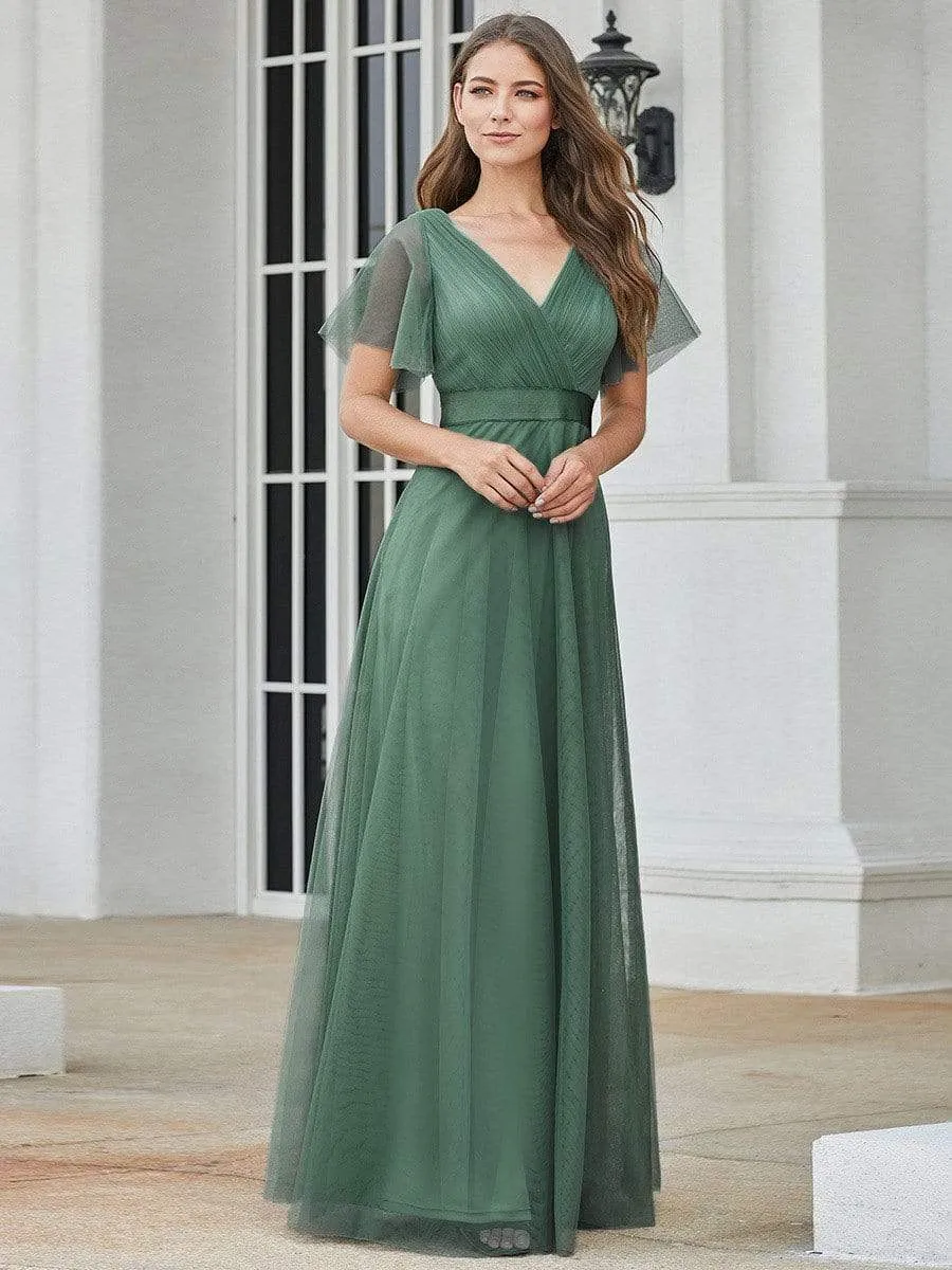 Double V-Neck Floor-Length Short Sleeve Tulle Bridesmaid Dresses