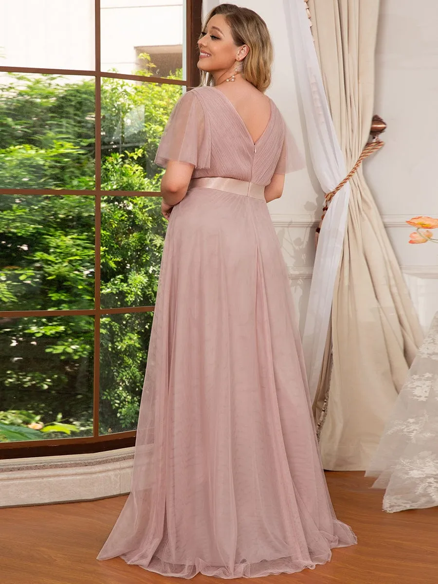 Double V-Neck Floor-Length Short Sleeve Tulle Bridesmaid Dresses