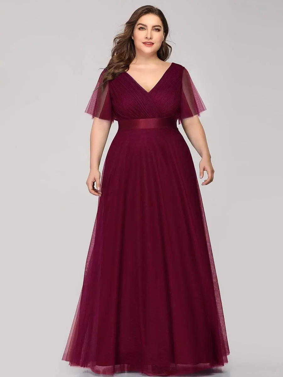 Double V-Neck Floor-Length Short Sleeve Tulle Bridesmaid Dresses