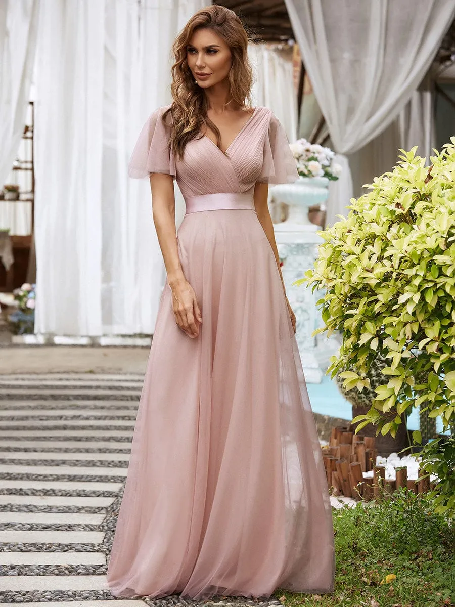 Double V-Neck Floor-Length Short Sleeve Tulle Bridesmaid Dresses