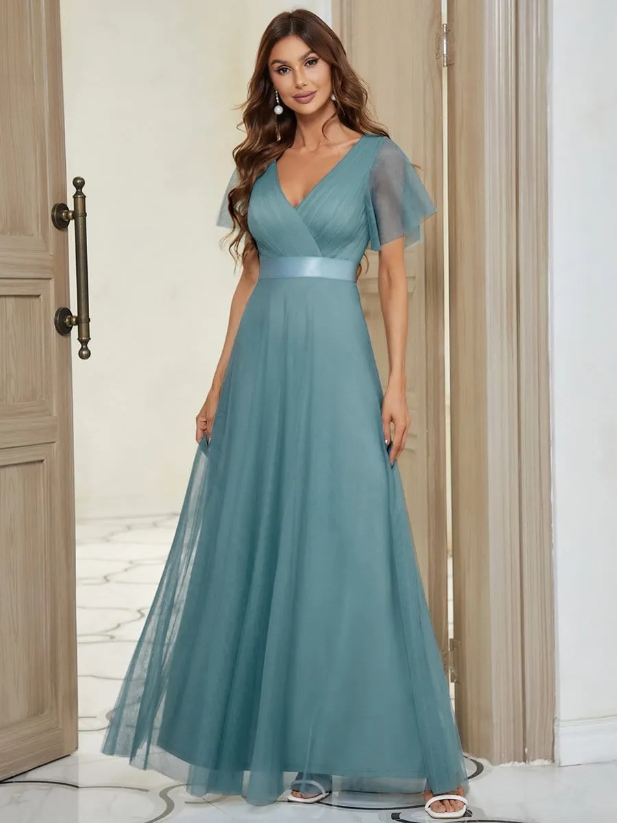 Double V-Neck Floor-Length Short Sleeve Tulle Bridesmaid Dresses