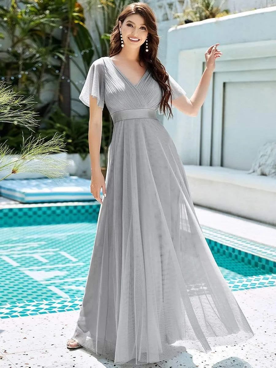 Double V-Neck Floor-Length Short Sleeve Tulle Bridesmaid Dresses