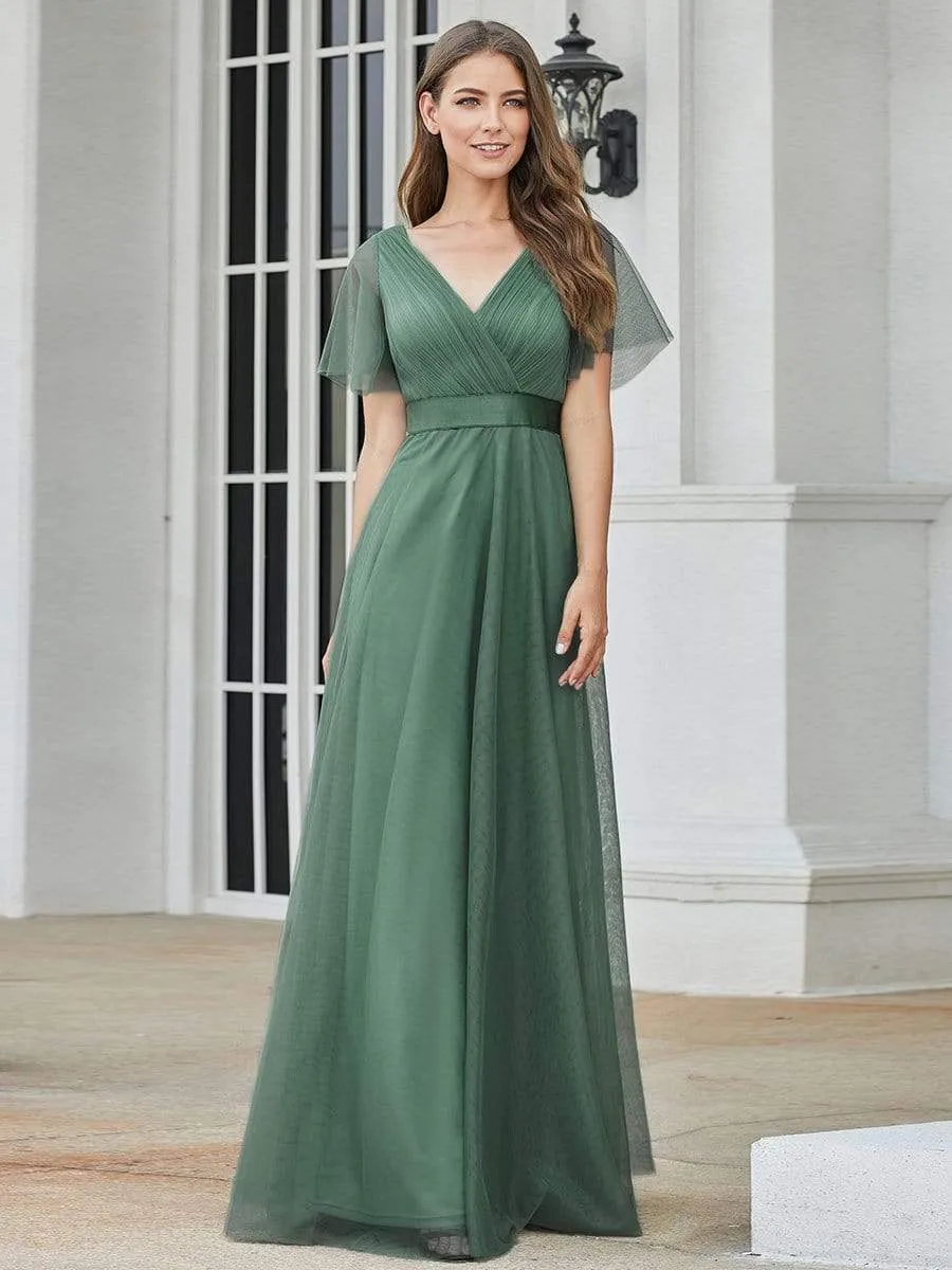 Double V-Neck Floor-Length Short Sleeve Tulle Bridesmaid Dresses