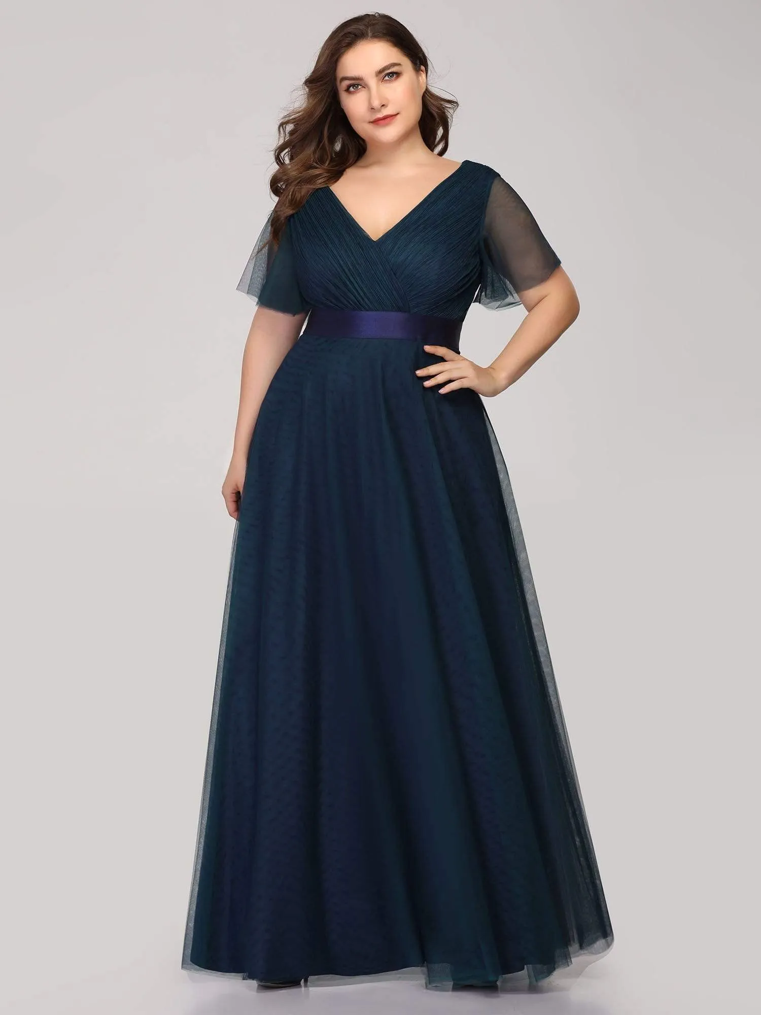 Double V-Neck Floor-Length Short Sleeve Tulle Bridesmaid Dresses