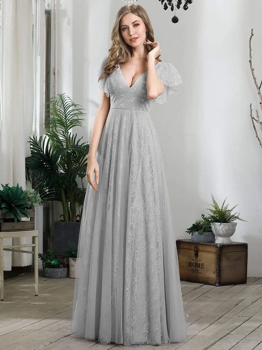 Double V Neck Long Lace Evening Dress with Ruffle Sleeves