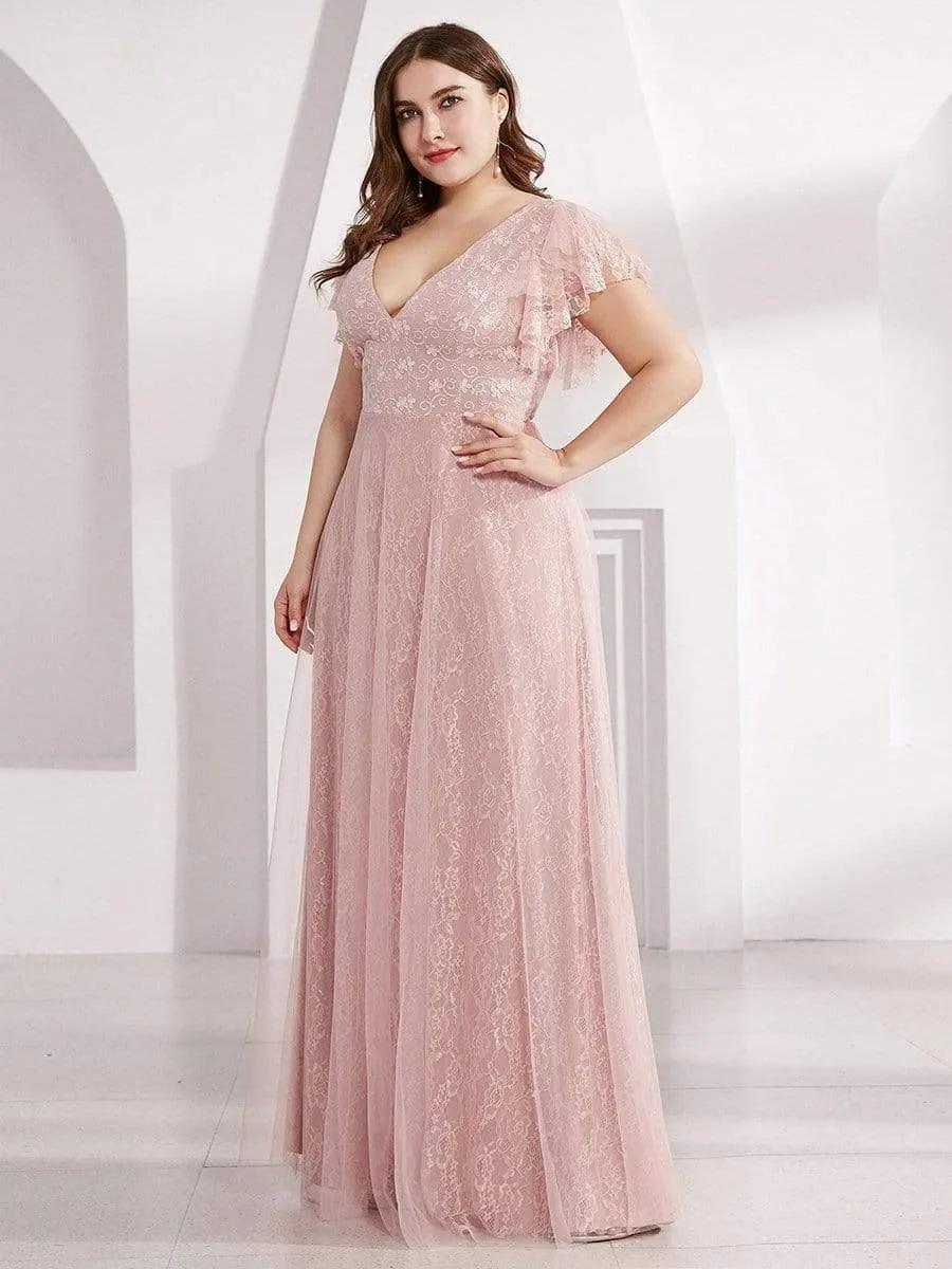 Double V Neck Long Lace Evening Dress with Ruffle Sleeves