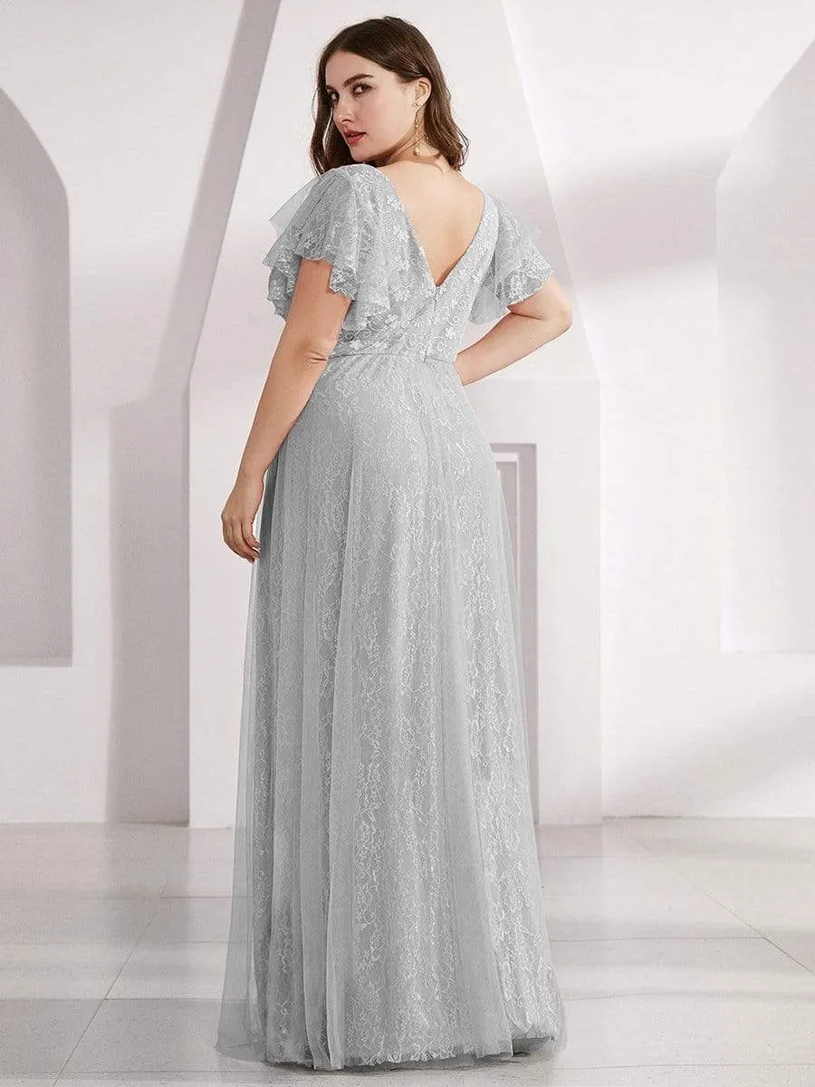 Double V Neck Long Lace Evening Dress with Ruffle Sleeves