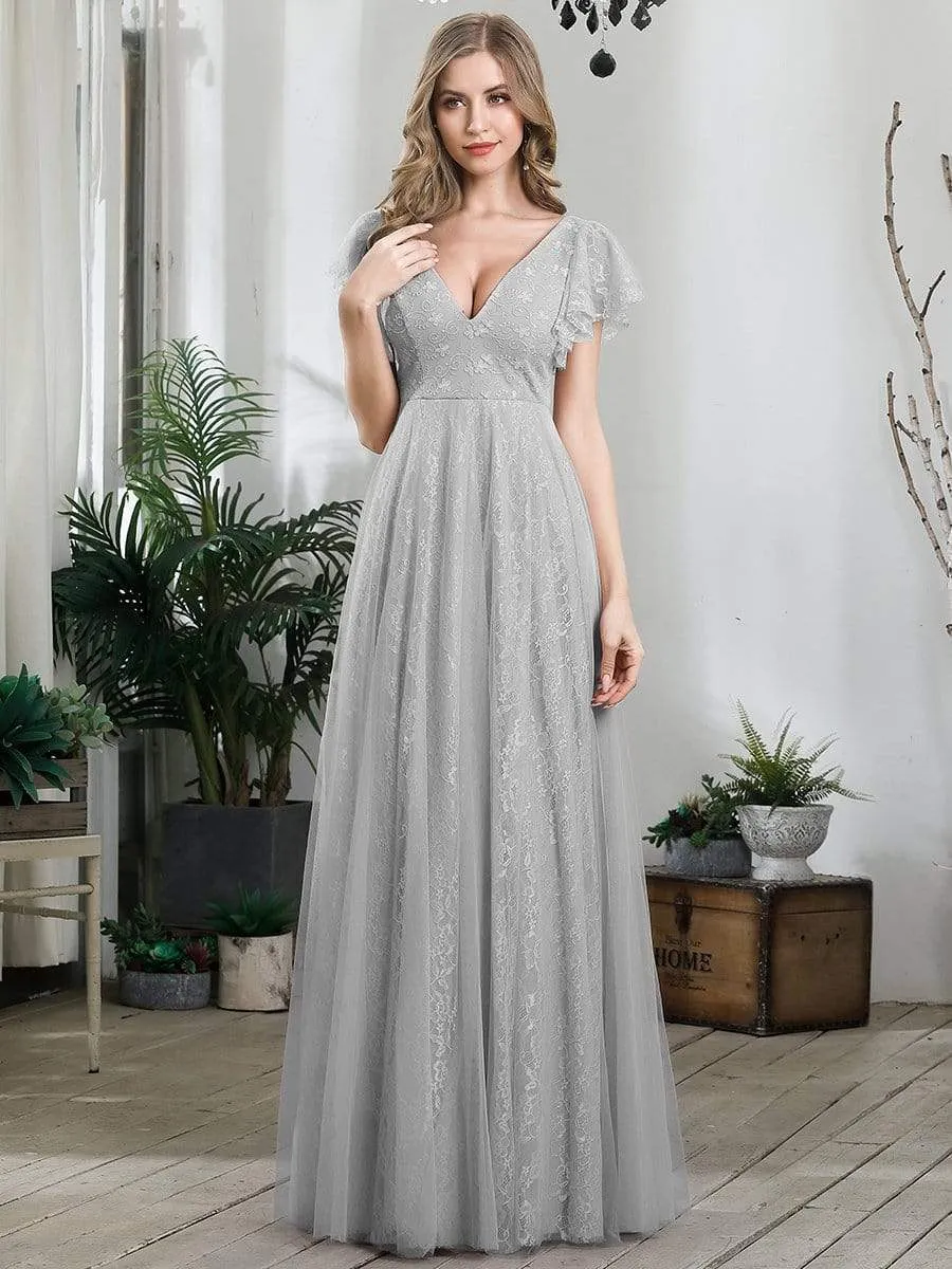 Double V Neck Long Lace Evening Dress with Ruffle Sleeves