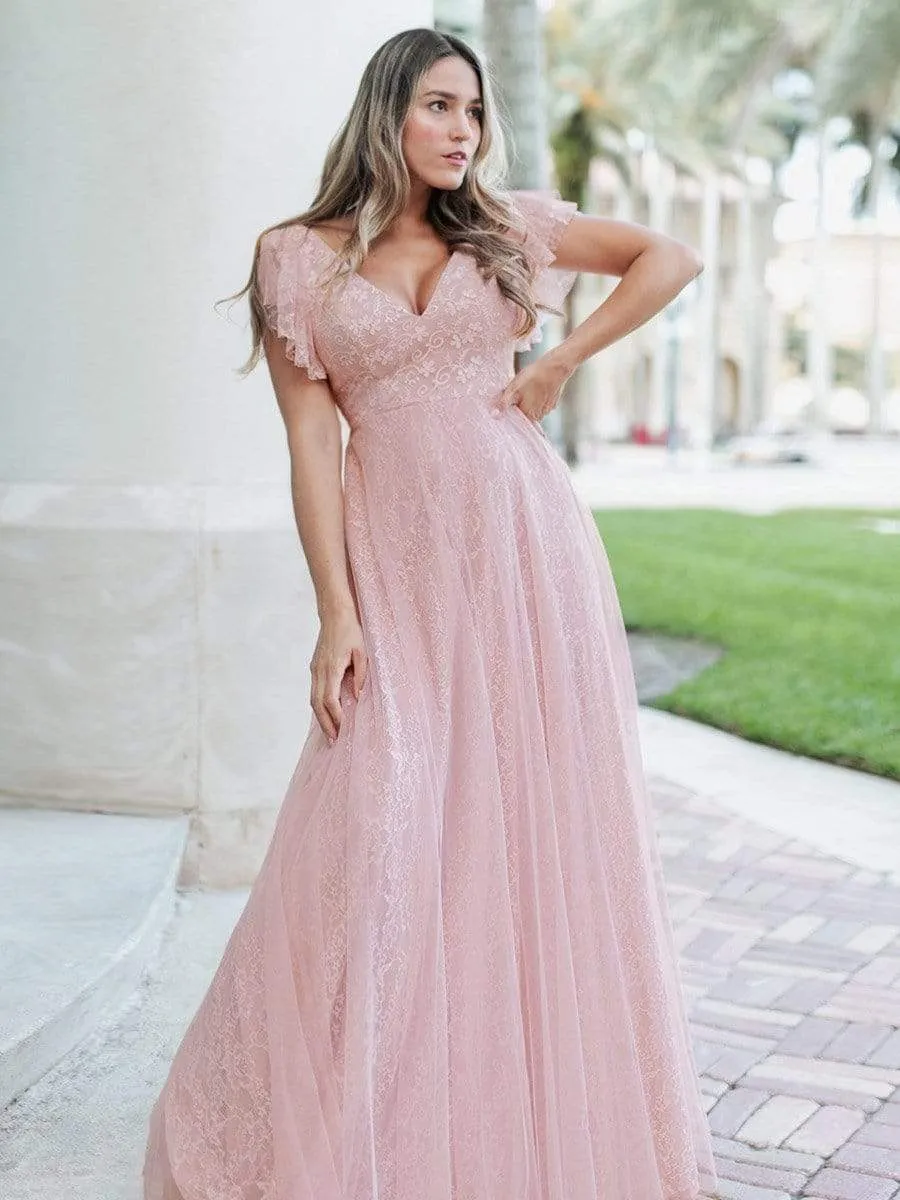 Double V Neck Long Lace Evening Dress with Ruffle Sleeves