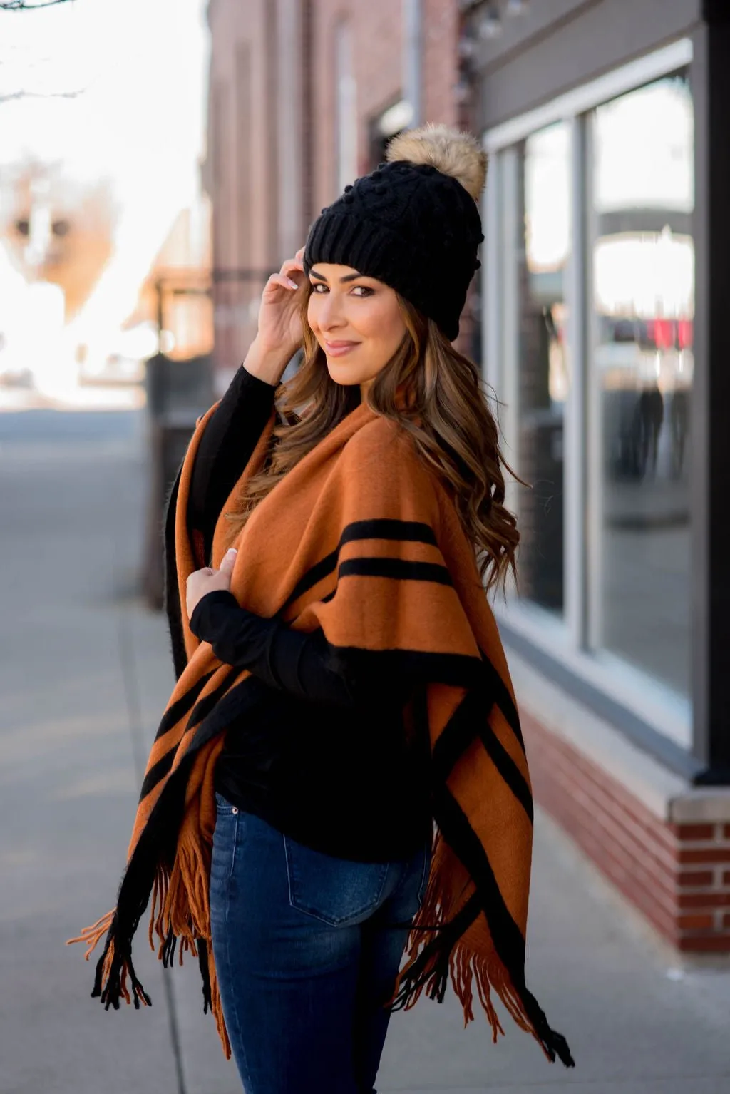 Dual Striped Fringe Accents Poncho