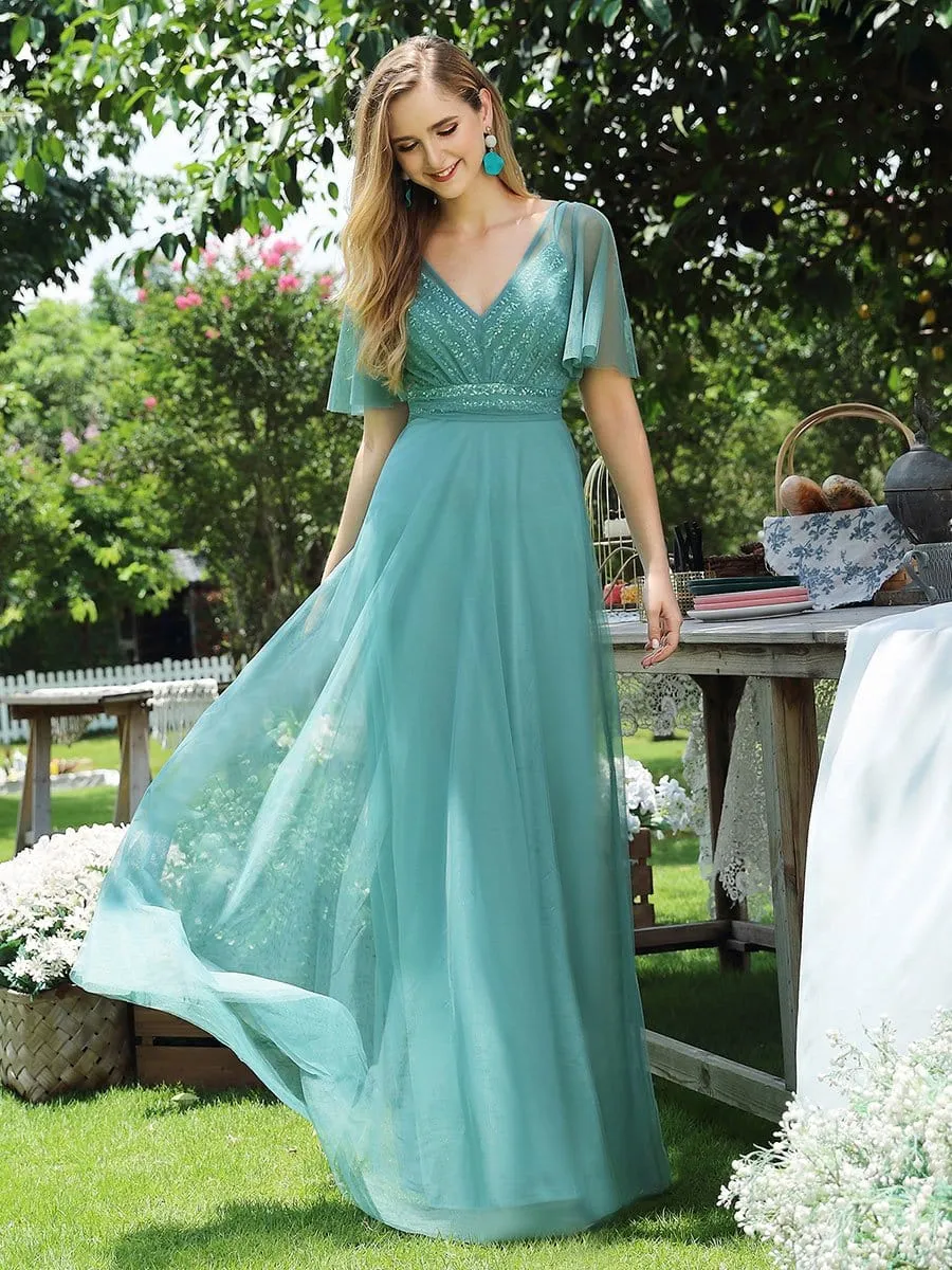 Dusty Blue Flutter Sleeves Sequin Bodice Tulle Evening Dress