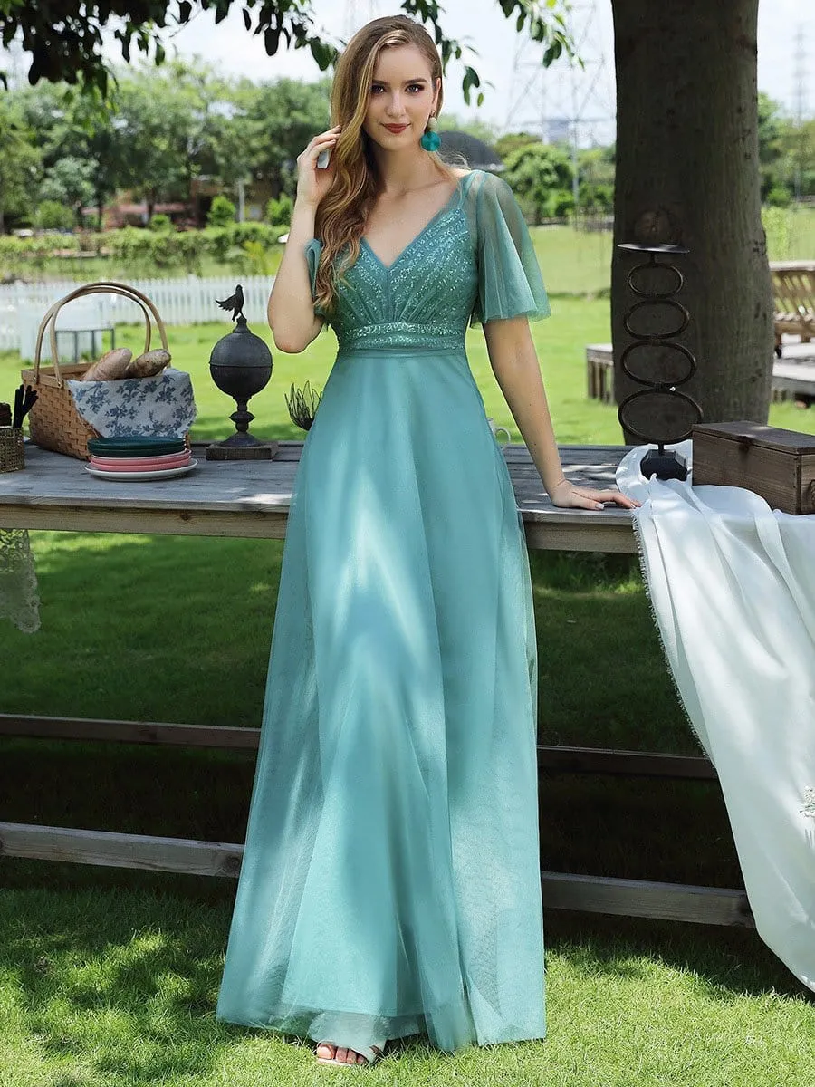 Dusty Blue Flutter Sleeves Sequin Bodice Tulle Evening Dress