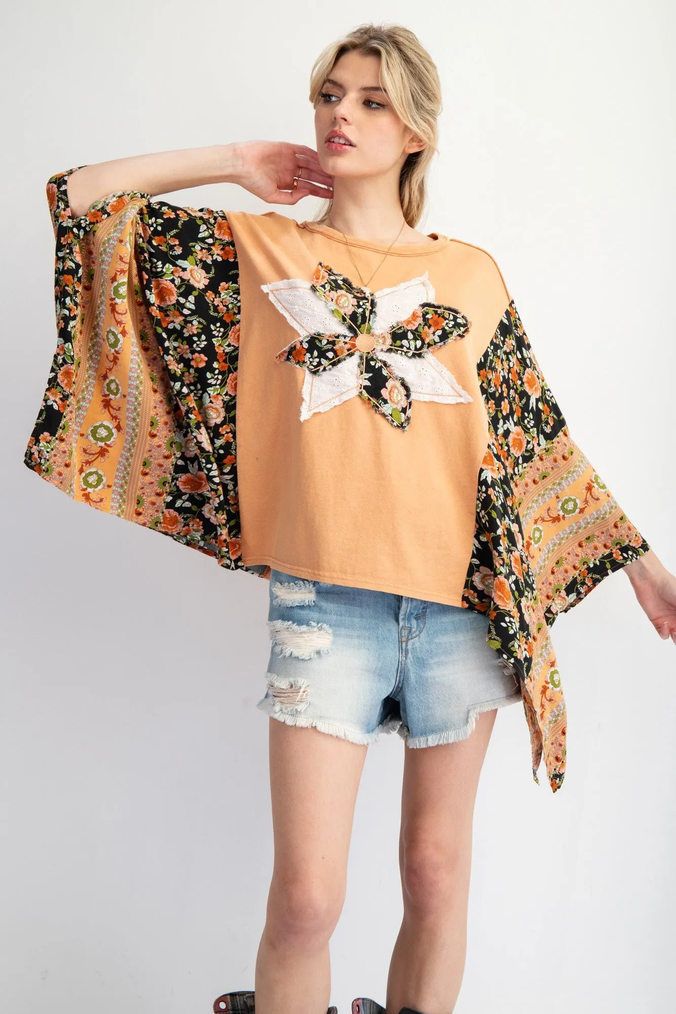 Easel Mixed Print Flower Patched Poncho Top in Terracotta