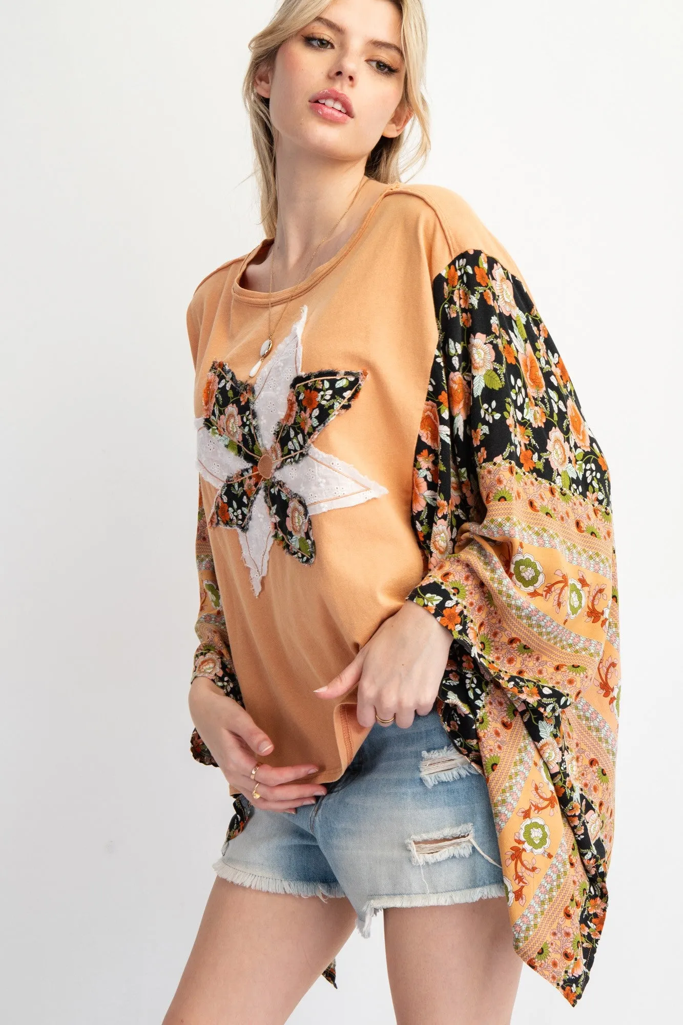 Easel Mixed Print Flower Patched Poncho Top in Terracotta