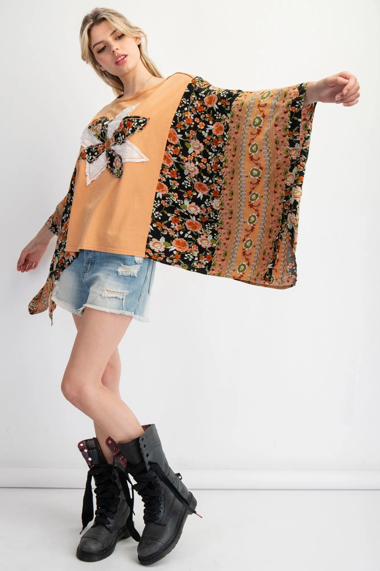 Easel Mixed Print Flower Patched Poncho Top in Terracotta