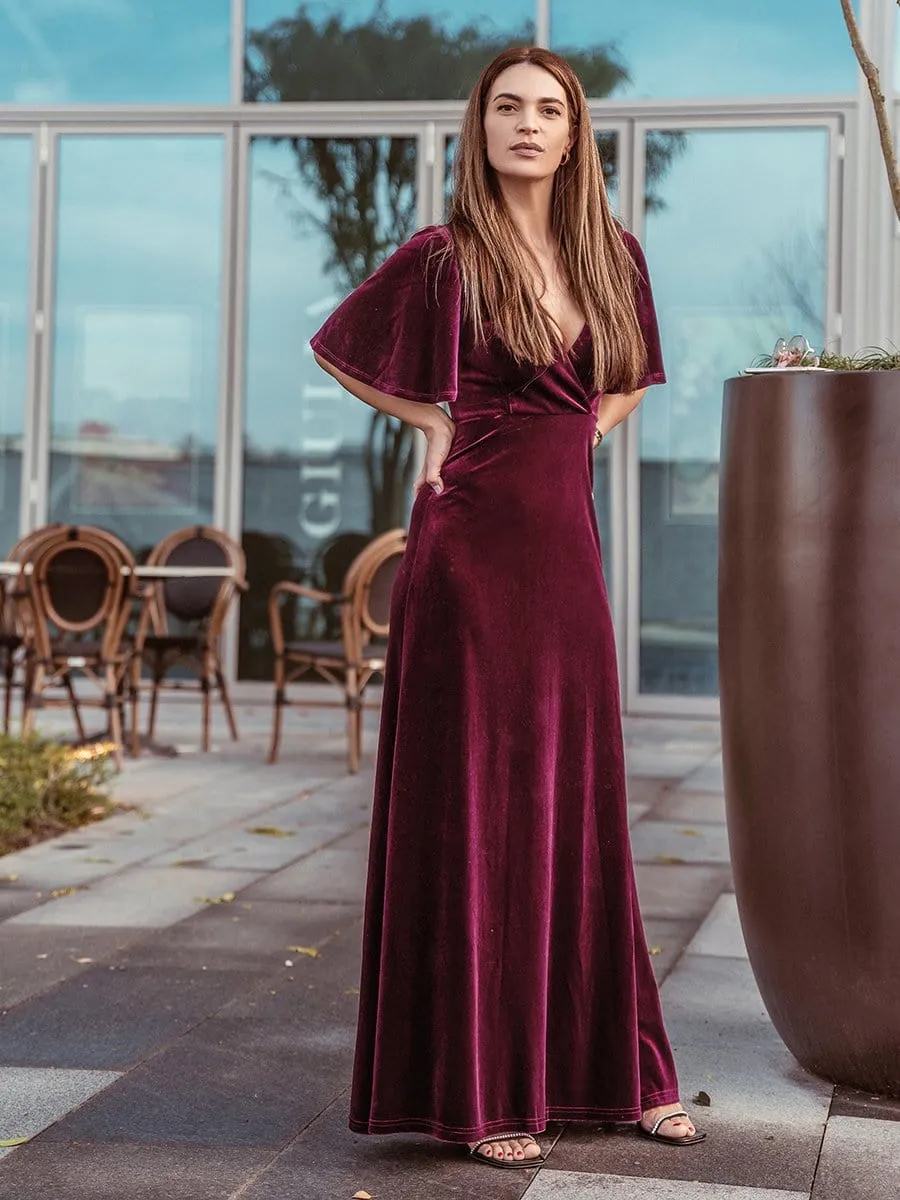 Elegant Double V Neck Velvet Party Dress with Sleeves