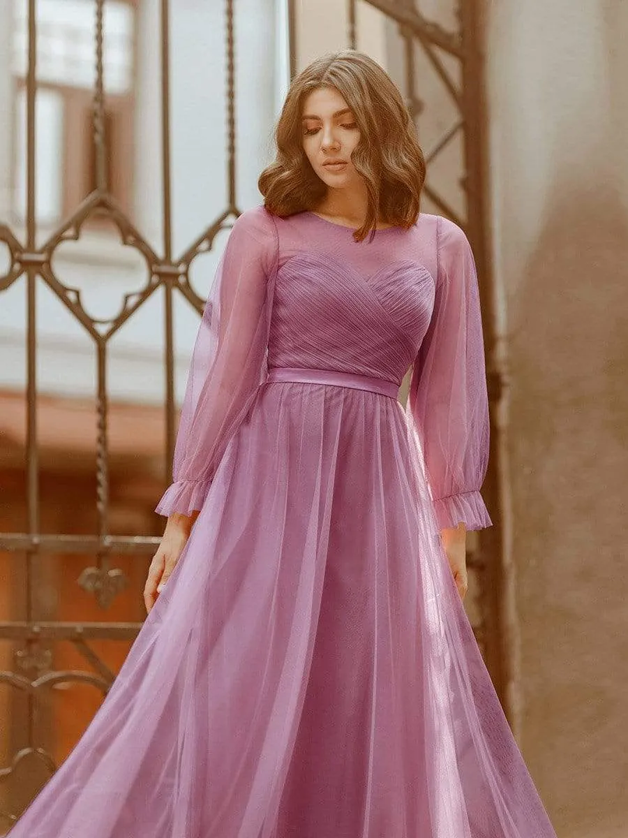 Elegant Floor Length Tulle Bridesmaid Dress with Long Sleeve