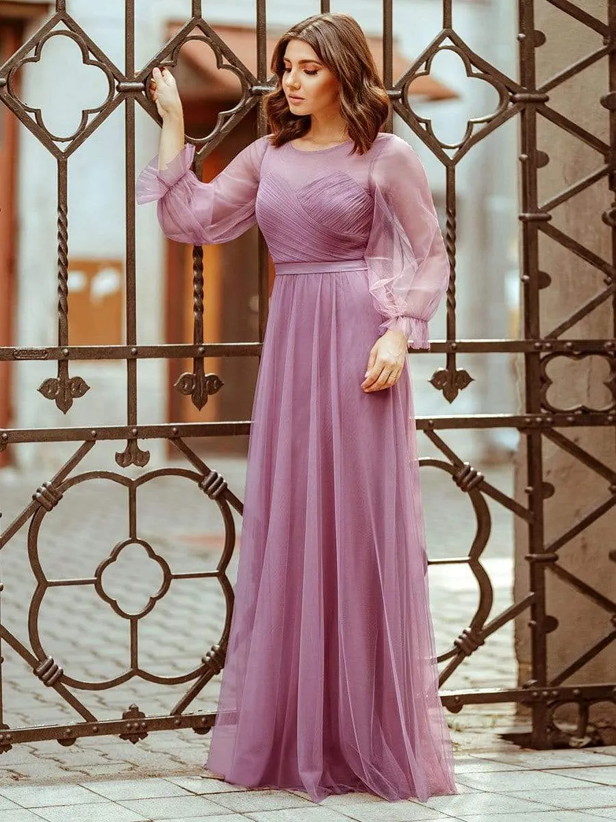 Elegant Floor Length Tulle Bridesmaid Dress with Long Sleeve