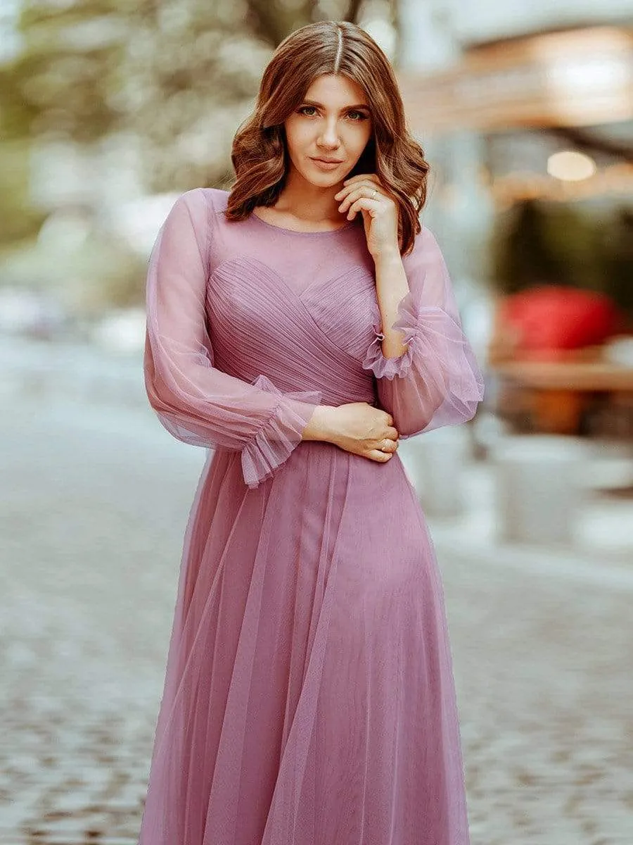 Elegant Floor Length Tulle Bridesmaid Dress with Long Sleeve