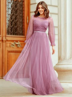 Elegant Floor Length Tulle Bridesmaid Dress with Long Sleeve