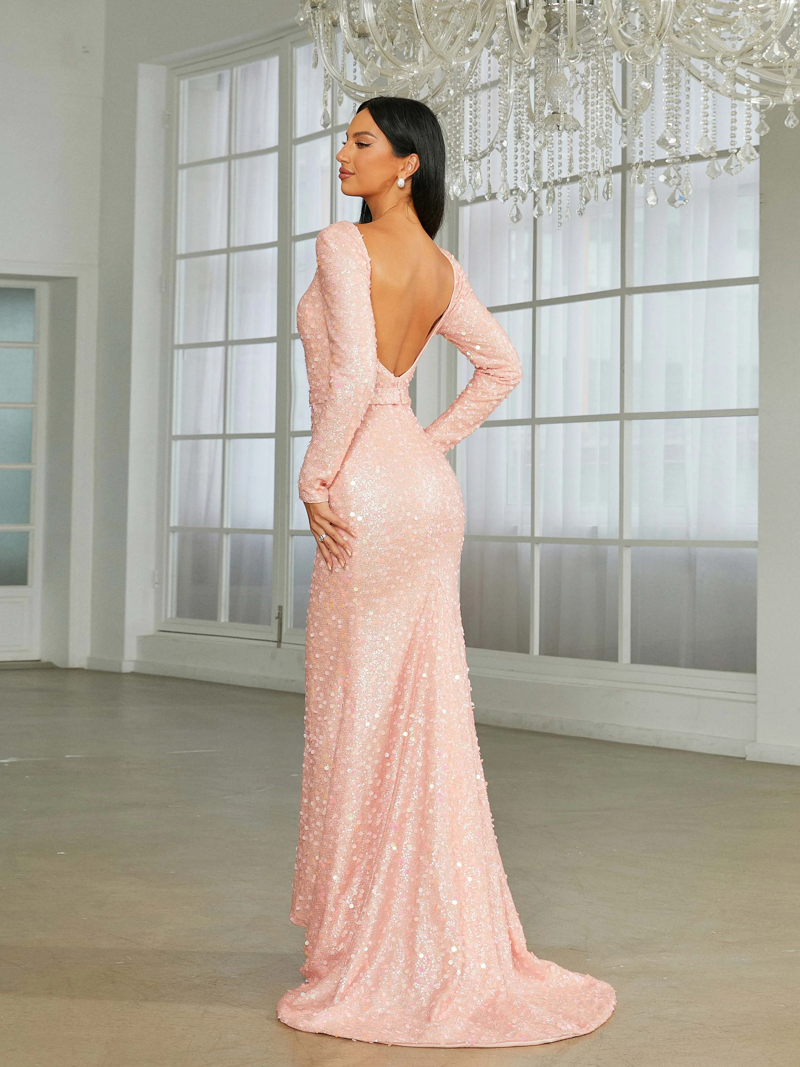 Elegant Mermaid Open Back Sequin Pink Evening Dress RH30585