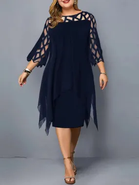 Elegant Midi Party Dress For Chubby Women Xxl O Neck Lace Sleeve Hollow Out Solid Sexy Women'S Clothing  Evening Dresses 2023