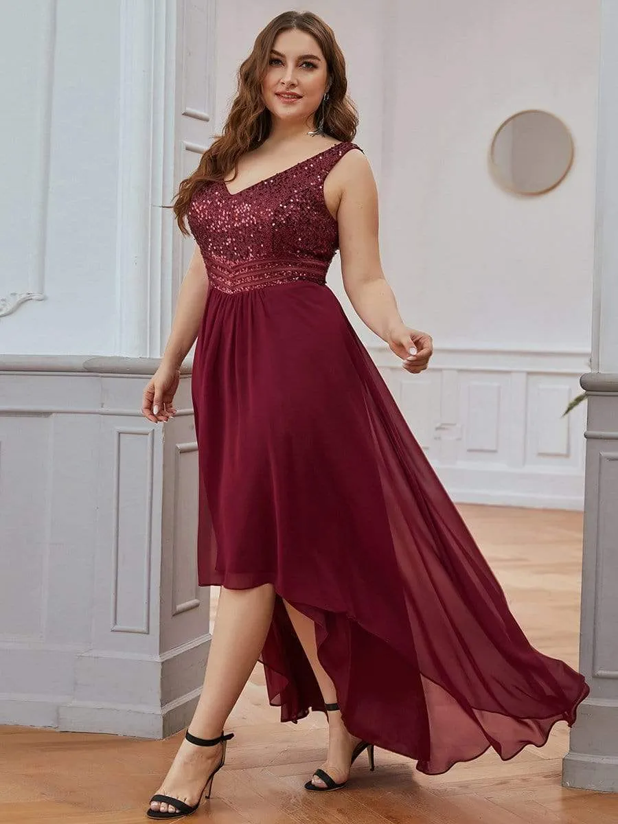 Elegant Paillette & Chiffon V-neck A-line Sleeveless Plus Size Evening Dresses