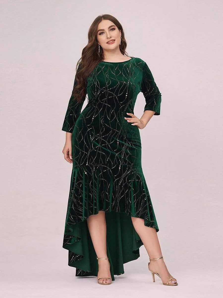 Elegant Plus Size Bodycon High-Low Velvet Party Dress