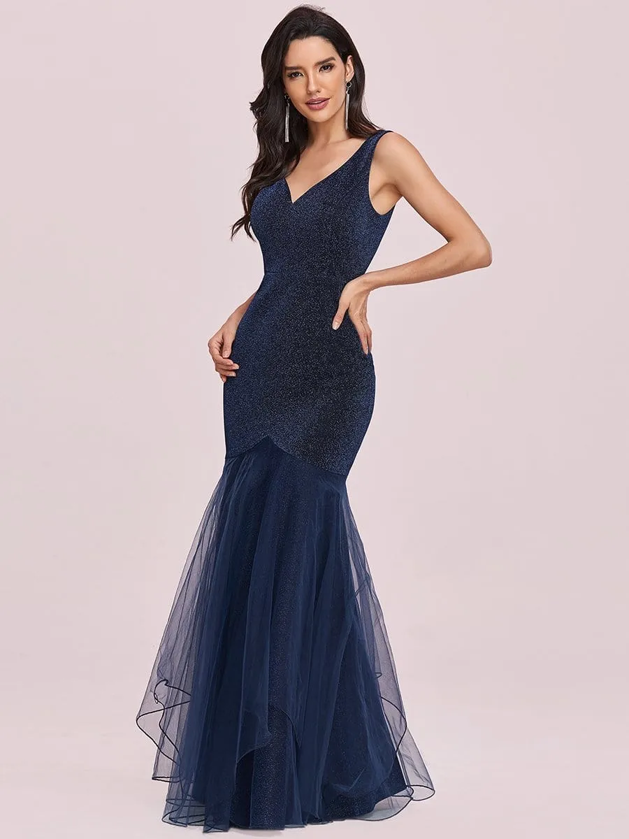 Elegant Tulle Layered Fishtail Long Sequin Evening Dress