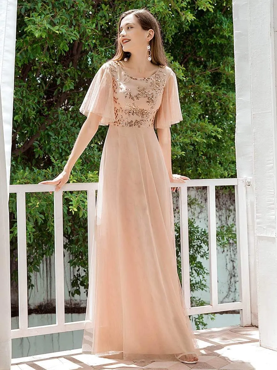 Elegant Tulle Ruffle Sleeves Bridesmaid Dresses with Paillette