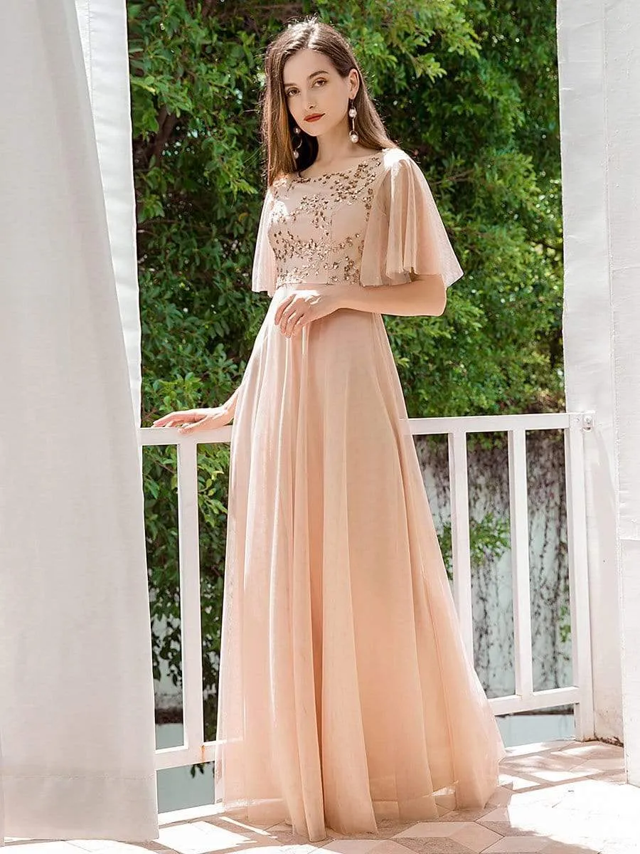 Elegant Tulle Ruffle Sleeves Bridesmaid Dresses with Paillette