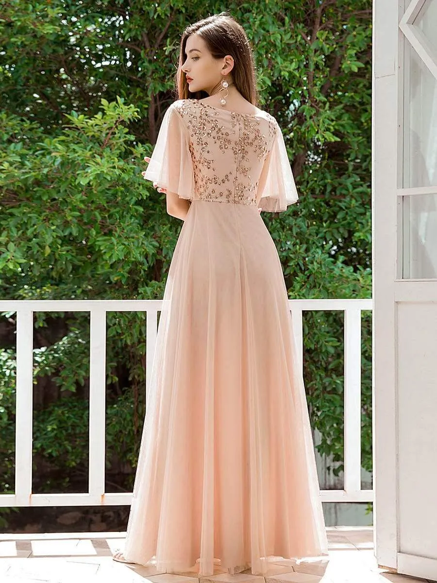 Elegant Tulle Ruffle Sleeves Bridesmaid Dresses with Paillette