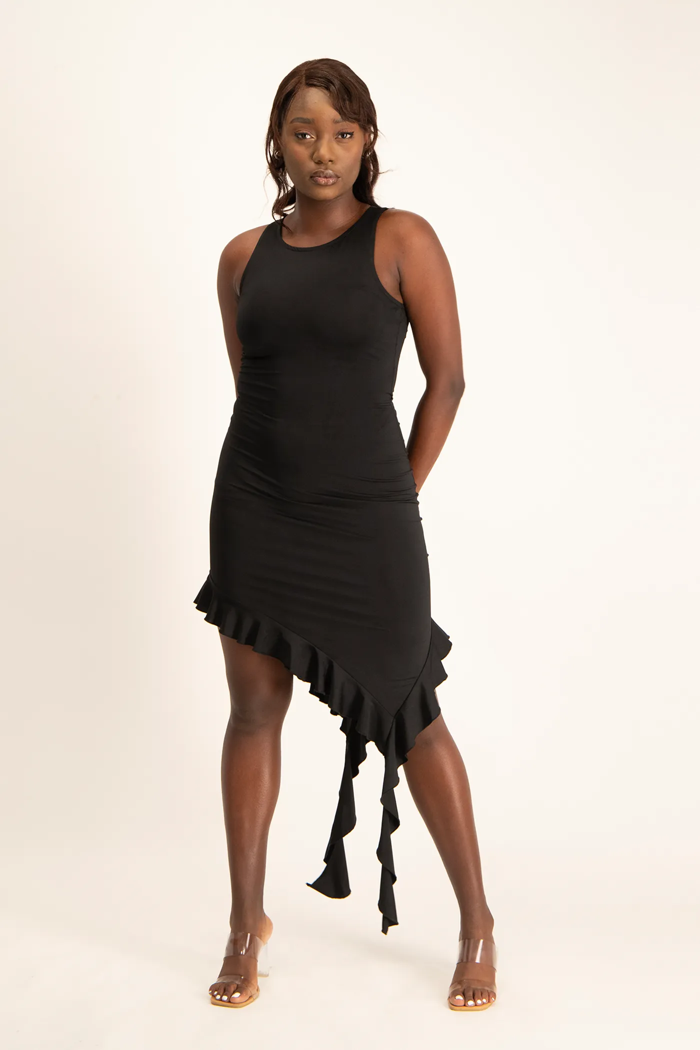 Elora Asymmetrical Ruffle Dress - Black