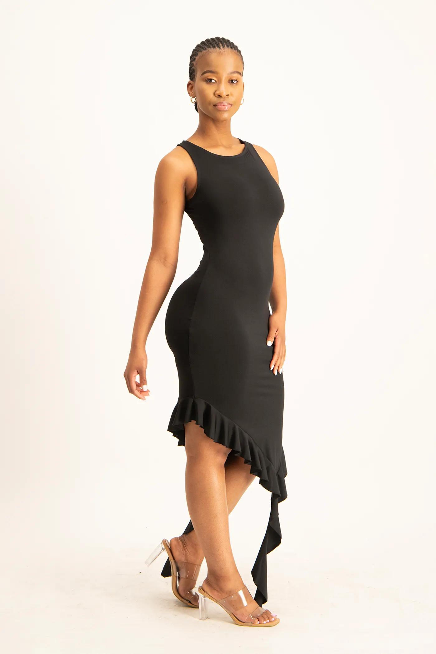 Elora Asymmetrical Ruffle Dress - Black