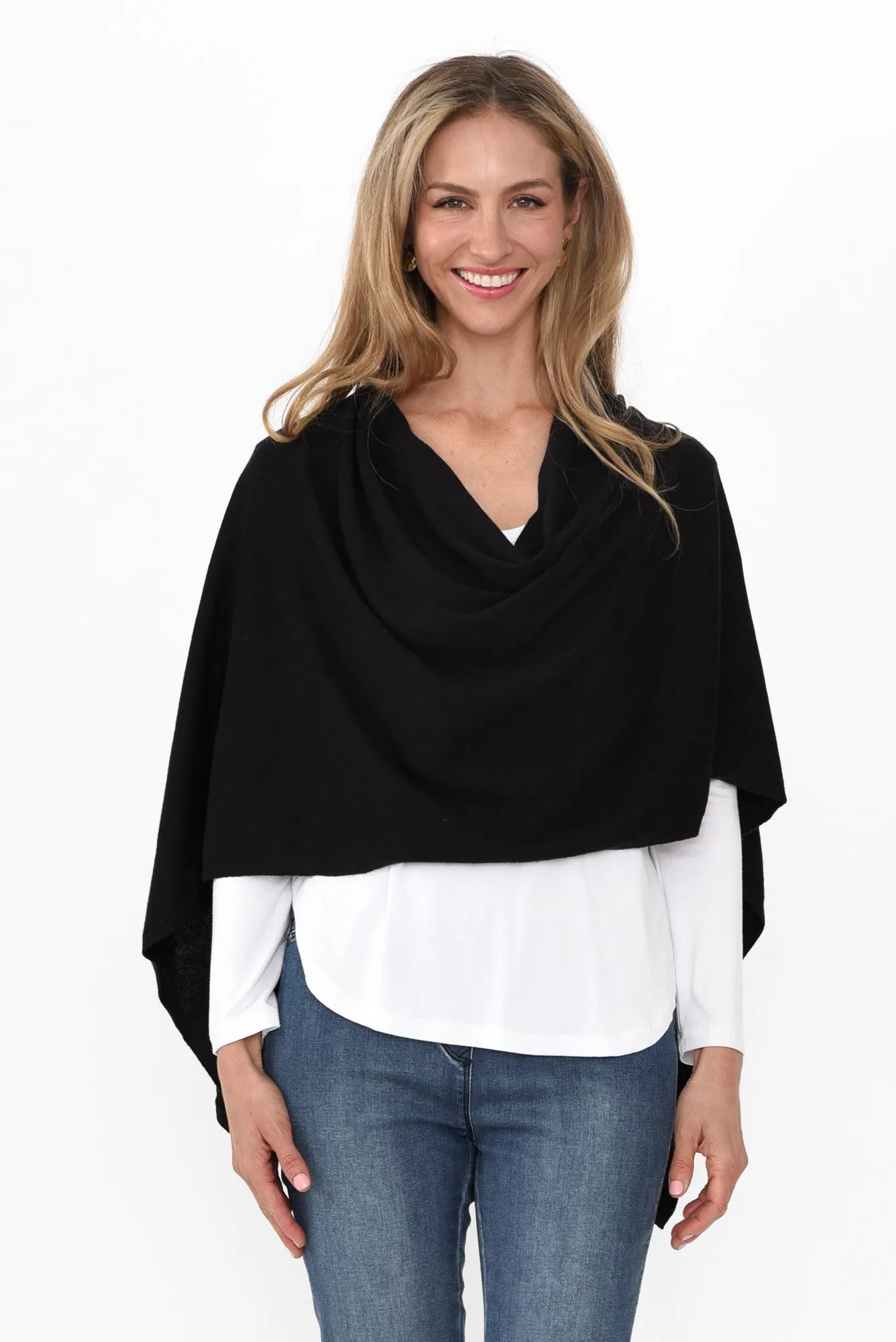 Elorie Black Cotton Cashmere Poncho