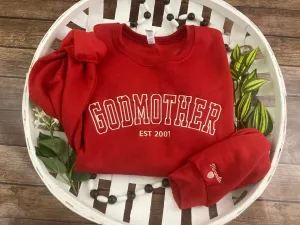 Embroidered Mama, Mommy, Godmother, Grandma Varsity Font Sweatshirts - Embroidered with names on sleeve