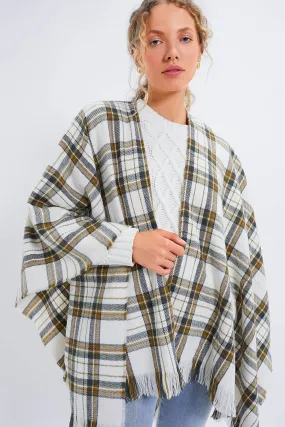 Exclusive Off White Plaid Ruana Poncho