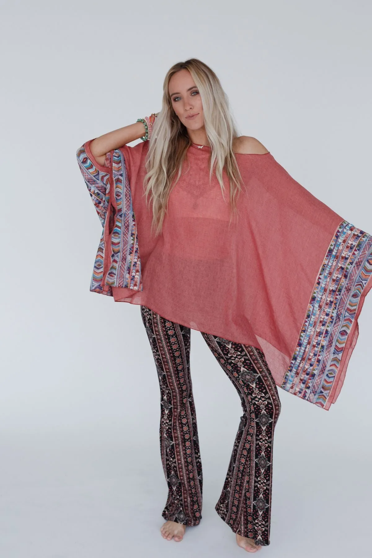 Fallon Embroidered Sleeve Poncho - Rust