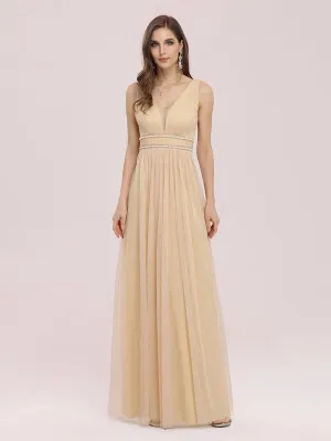 Fancy Sleeveless Beaded Belt Tulle Bridesmaid Dress