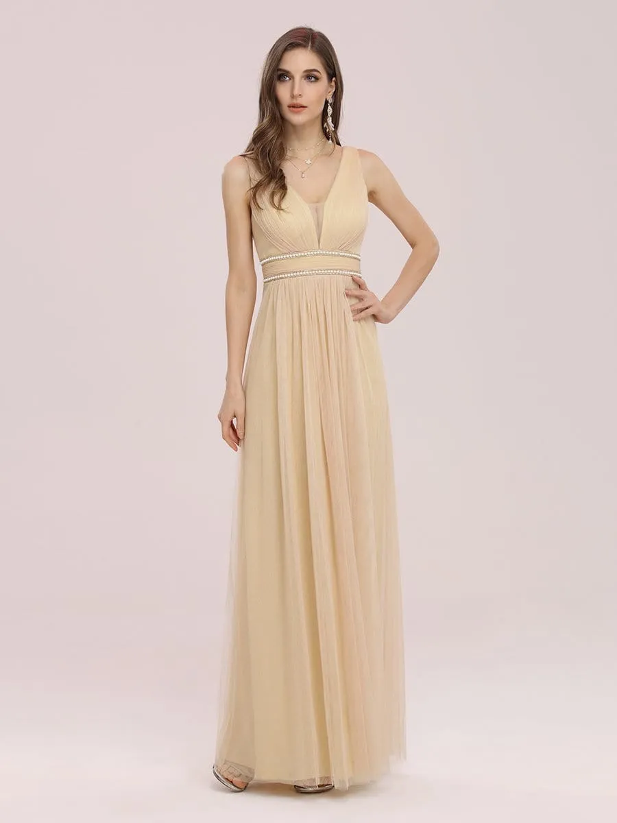 Fancy Sleeveless Beaded Belt Tulle Bridesmaid Dress